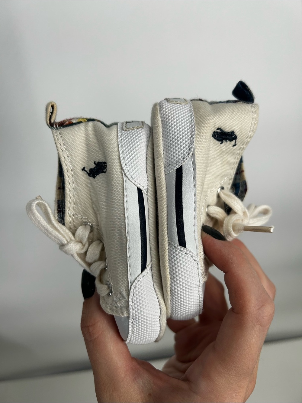 Polo by Ralph Lauren 2C Cream Canvas Baby High-Top Sneakers with Navy Pony